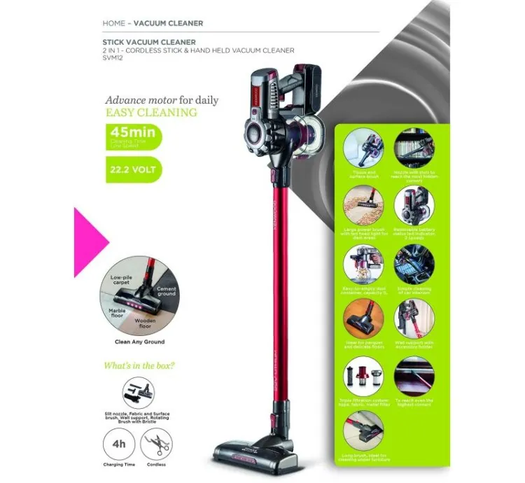 Kenwood Cordless Vacuum Cleaner 2-in-1 Upright Stick Vacuum Cleaner + Handheld Vacuum Cleaner with 22.2V Li-ion Battery 160W Suction Power 45 Minutes Run Time for Multi Surface SVM12.000RD