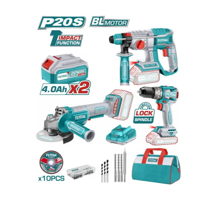 Total Drill Machine Combo Kit 3pcs, Cordless, Lithium-ion 20V 4Ah with Impact Drill, Angle Grinder, Rotary Hammer TOSLI240202