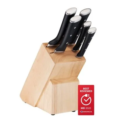 Tefal Ice Force Wooden Block with 5 Slots and 5 Knives: Bread Knife 20 cm / Chef Knife 20 cm / Santoku Knife 18 cm / Paring Knife 11 cm / Carving Knife 9 cm K232S574
