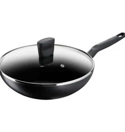 Tefal Super Cook Wok Pan 28cm + Lid Non Stick Thermo Signal 100% Safe Frying Pan Black Aluminium B4591684