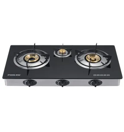 Nikai Gas Cooker 3 Burner Glass Triple Gas Burner 3 Burner Glass Top 7 MM Tempered Glass Panel Auto Ignition System Whirlwind Flame Brass Burner Cap NG333G