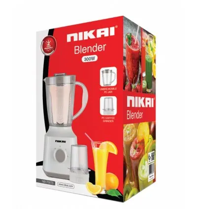 Nikai Blender 1.5L 1mill 300W Jar Capacity 2 Speeds Pulse Function Unbreakable PC Jar Measuring Cup Stainless Steel Blades Perfect for Dry & Wet Fine Grinding Mixing & Juicing - NB1700T3