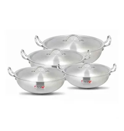 Nadstar Wok Karai Set 4Pcs Set With Lid & Handle Metal Finish Wok 1L 2L 3.2L 4.5L MF1X4