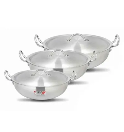 Nadstar Wok Karai Set 3Pcs Set With Lid & Handle Metal Finish Wok Jumbo Round WJ31/36