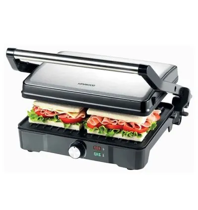 Kenwood Grill 2000W Contact Health Grill Panini Press with Variable Temperature 3 Grill Positions for Panini Burger Sandwich Pizza Steak Chicken Fish Vegetables HGM31.000SI