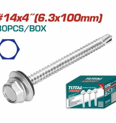 Total Self Drilling Hex Screw with Rubber Washer, Zinc Plated 14X4" (6.3x100mm) 80pcs THWHD1441