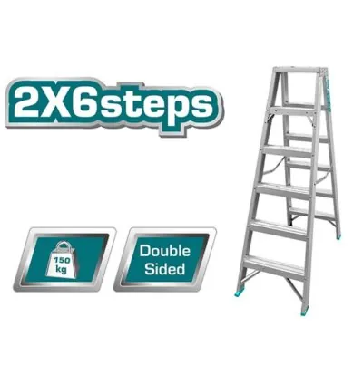 Total Double Sided Folding Ladder Aluminium 2 x 6 Steps, Easily Foldable for Space Saving Storage, Oxidation THLAD01061