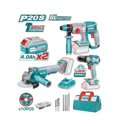 Total Drill Machine Combo Kit 3pcs, Cordless, Lithium-ion 20V 4Ah with Impact Drill, Angle Grinder, Rotary Hammer TOSLI240202