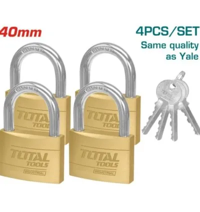 Total Heavy Duty Brass Padlock 40mm, Solid Brass Cylinder with Pins, 4pcs Brass Keys, 4pcs Set TLK32T4402