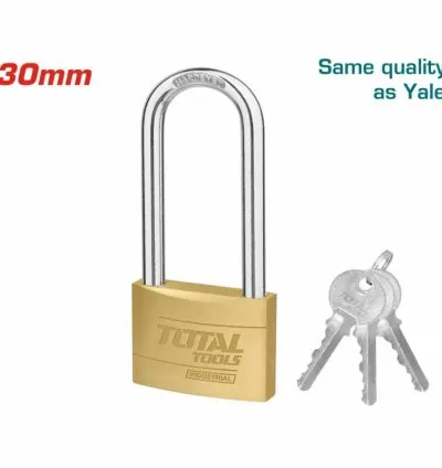 Total Brass Padlock Heavy Duty Long Shackle 30mm, Solid Brass Cylinder with Pins, 3pcs Brass Keys TLK32302L