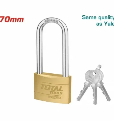 Total Brass Padlock Heavy Duty Long Shackle 70mm, Solid Brass Cylinder with Pins, 3pcs Brass Keys TLK32702L