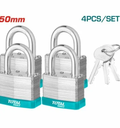 Total Laminated Key Alike Padlock 50mm with 4 Iron keys, Solid Brass Cylinder with Bolts 4pcs Set TLPK365004