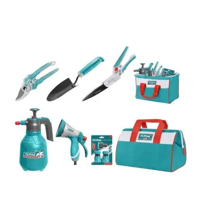 Total 7pcs Garden Tools Set with Trowel, Nozzle, Quick Connector, Pressure Sprayer, Tool Bag, Pruning & Glass Shears TOS23048