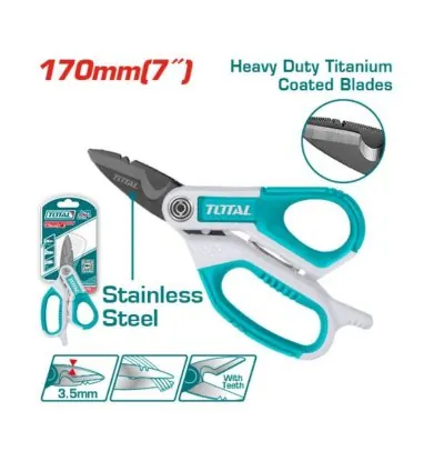 Total Electrician's Scissor 170mm 7" for Electrical & Data Cable Work with Integrated Cable Cutter, Titanium Plated Stainless Steel THES051708