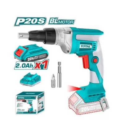 Total Drywall Screwdriver Cordless, Lithium-ion 20V with 2.0Ah Battery, Charger, Screwdriver Bit & Bit Holder TDSLI204200