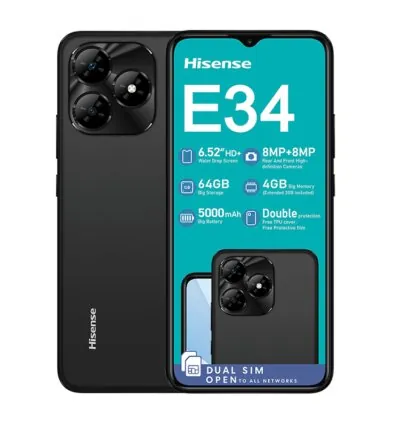 Hisense Mobile Phone E34 4G Dual Sim 64GB - Black , 6.52-inch IPS TFT screen , Resolution: 1600 x 720 pixels , USB Type-C port , Android 14