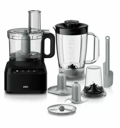 Braun Food Processor 7 Attachment , 800W, 2 Speeds, Pulse Function, 1.2L Capacity, Blender & Bowl 2L , Slicing and Grating disc, Dough, Ice Crusher Blade, FP301AI-FP3132BK