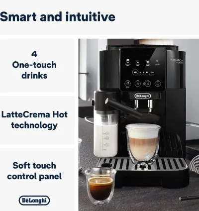 De'Longhi Magnifica Start Fully Automatic Bean to Cup Coffee Machine with 4 One-Touch Recipes, Soft-Touch Control Panel, Auto Milk, 1450W, Black ECAM220.60.B