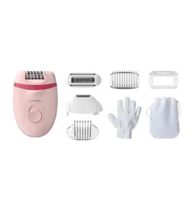 Philips Satinelle Essential Corded Compact Epilator with 7 Accessories, Exfoliation Glove & Carry Pouch, Opti-Light for Legs, Arms & Underarms BRE285