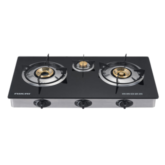 Nikai Gas Cooker 3 Burner Glass Triple Gas Burner 3 Burner Glass Top 7 MM Tempered Glass Panel Auto Ignition System Whirlwind Flame Brass Burner Cap NG333G