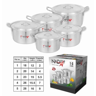 Nadstar Cookware Set 5Pcs Set With Lid & Handle Metal Finish Sufuria 2L 4L 5.5L 7L 9L 1x5