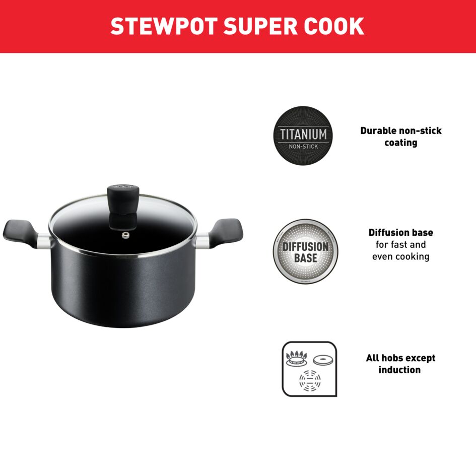Tefal Super Cook Stew Pot 22Cm + Lid Non Stick Thermo Signal 100% Safe Stew Pan Black Aluminium B4594584 3 Tefal Super Cook Stew Pot 22Cm + Lid Non Stick Thermo Signal 100% Safe Stew Pan Black Aluminium B4594584