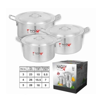 Nadstar Cookware Set 3Pcs Set With Lid & Handle Metal Finish Sufuria 5.5L 7L 9L 3x5