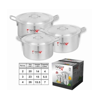 Nadstar Cookware Set 3Pcs Set With Lid & Handle Metal Finish Sufuria 4L 5.5L 7L 2x4