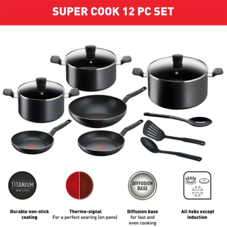 Tefal Super Cook Cookware Set 12PCS Non Stick Thermo Signal 100% Safe Aluminium Frying Pan & Cooking Pot Kitchen Utensil Set B459SC84