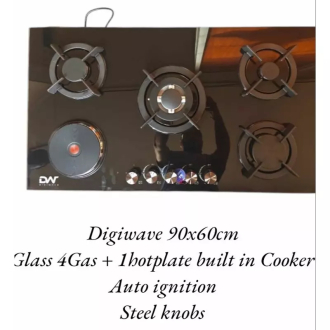 Digi Wave Hob 4 Gas And 1 Hotplate Burner with Auto Ignition 90x60x 8MM Tempered Glass DWGC 2006