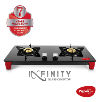Pigeon Gas Cooker 2 Burner Glass Top SS Body Black Infinity