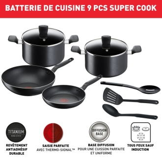 Tefal Super Cook Cookware Set 9PCS Non Stick Thermo Signal 100% Safe Aluminium Frying Pan & Cooking Pot Kitchen Utensil Set B459S984