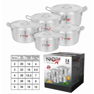 Nadstar Cookware Set 5Pcs Set With Lid & Handle Metal Finish Sufuria 4L 5.5L 7L 9L 12L 2x6