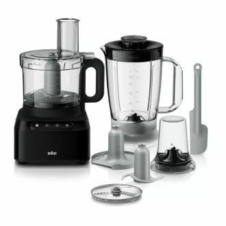 Braun Food Processor 7 Attachment , 800W, 2 Speeds, Pulse Function, 1.2L Capacity, Blender & Bowl 2L , Slicing and Grating disc, Dough, Ice Crusher Blade, FP301AI-FP3132BK