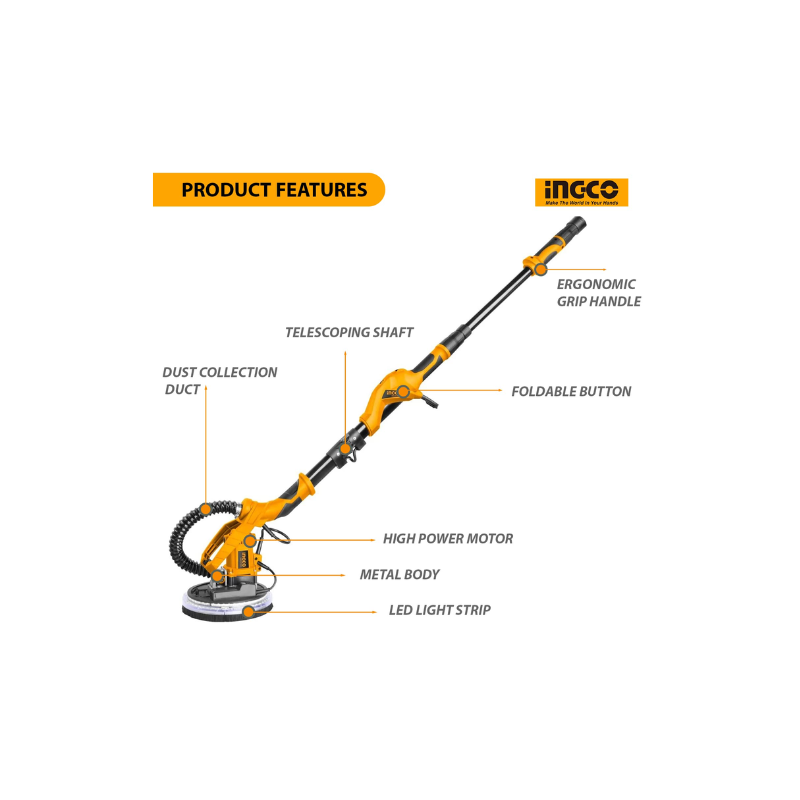 Ingco Drywall Sander 1050W With Integrated Work Light, 12Pcs Sand Papers Dws10501 4 Ingco Drywall Sander 1050W With Integrated Work Light, 12Pcs Sand Papers Dws10501