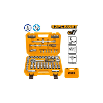 Ingco 62pcs 1/2" Socket Set with Cr-V Steel Material, Three Color Soft Handle HKTS12602