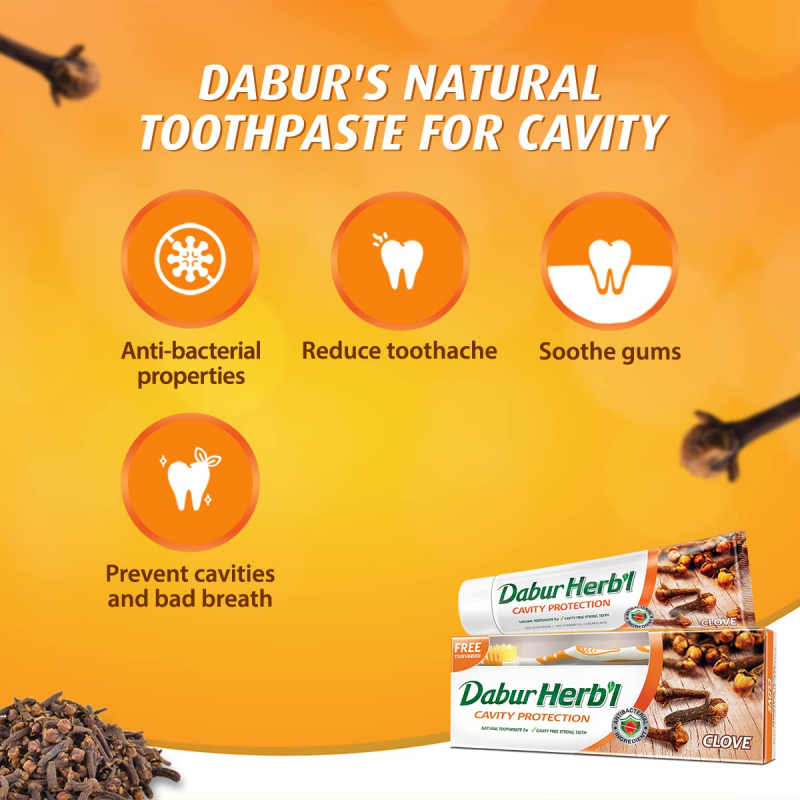Dabur Herbal Toothpaste 150G With Brush Clove Natural Toothpaste For Cavity Protection, No Added Chemicals - Set Of 3 Pcs 2 Dabur Herbal Toothpaste 150G With Brush Clove Natural Toothpaste For Cavity Protection, No Added Chemicals (Pack Of 6)