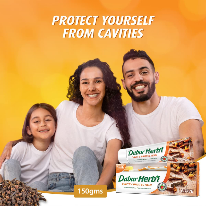Dabur Herbal Toothpaste 150G With Brush Clove Natural Toothpaste For Cavity Protection, No Added Chemicals - Set Of 3 Pcs 5 Dabur Herbal Toothpaste 150G With Brush Clove Natural Toothpaste For Cavity Protection, No Added Chemicals (Pack Of 6)