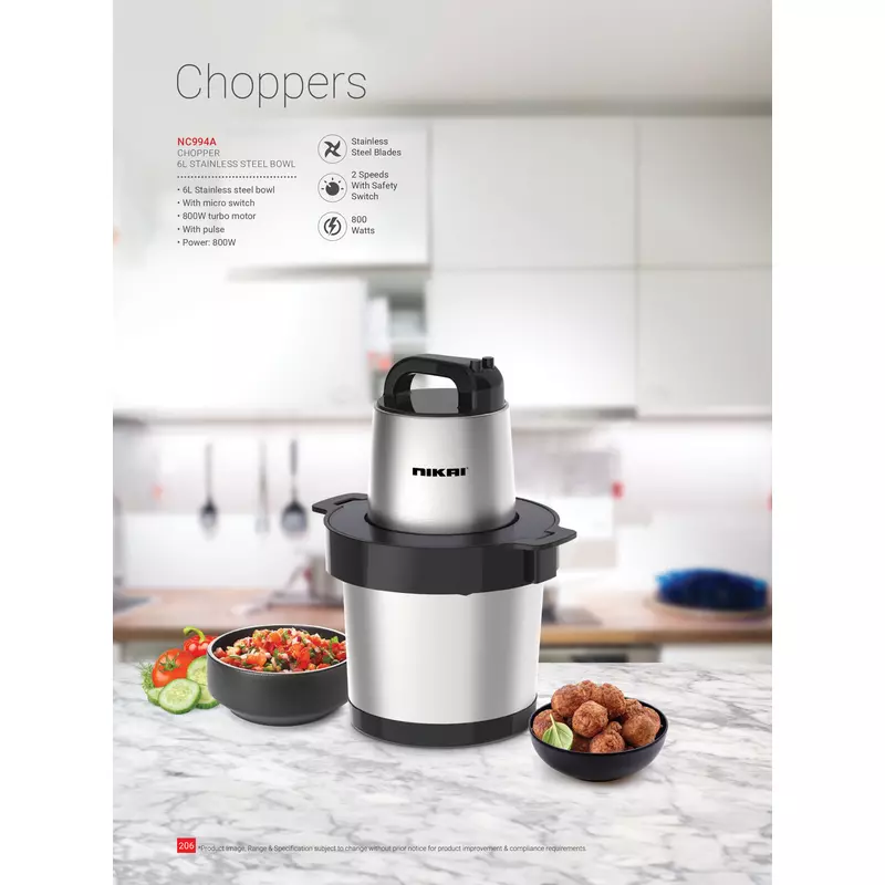 Nikai Chopper 6L Steel Bowl 800W Nc994A Stainless Steel Blades 2 Speed With Pulse And Safety Switch 3 Nikai Chopper 6L Steel Bowl 800W Nc994A Stainless Steel Blades 2 Speed With Pulse And Safety Switch