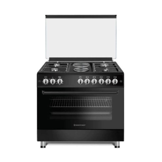 Westpoint Cooker 90x60cm, 4 Gas Burners + 2 Electric Plates, Electric Oven with Grill, Ignition, Turnspit, Interior Light, Timer, Thermostat, Glass Lid, Shiny Black WCER9642E8SN