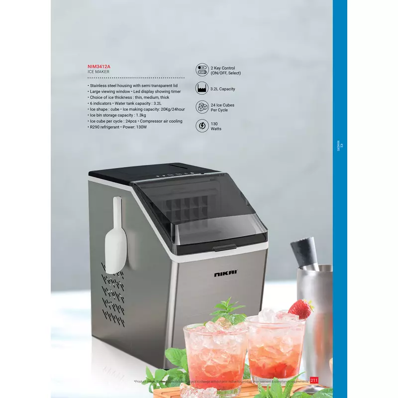 Nikai Ice Maker 3.2L Tank 24 Ice Cubes Per Cycle 1.3Kg Ice Bin Storage 130W Nim3412A Stainless Steel Housing With Semi Transparent Lid Large Viewing Window Led Display Showing Timer 2 Nikai Ice Maker 3.2L Tank 24 Ice Cubes Per Cycle 1.3Kg Ice Bin Storage 130W Nim3412A Stainless Steel Housing With Semi Transparent Lid Large Viewing Window Led Display Showing Timer