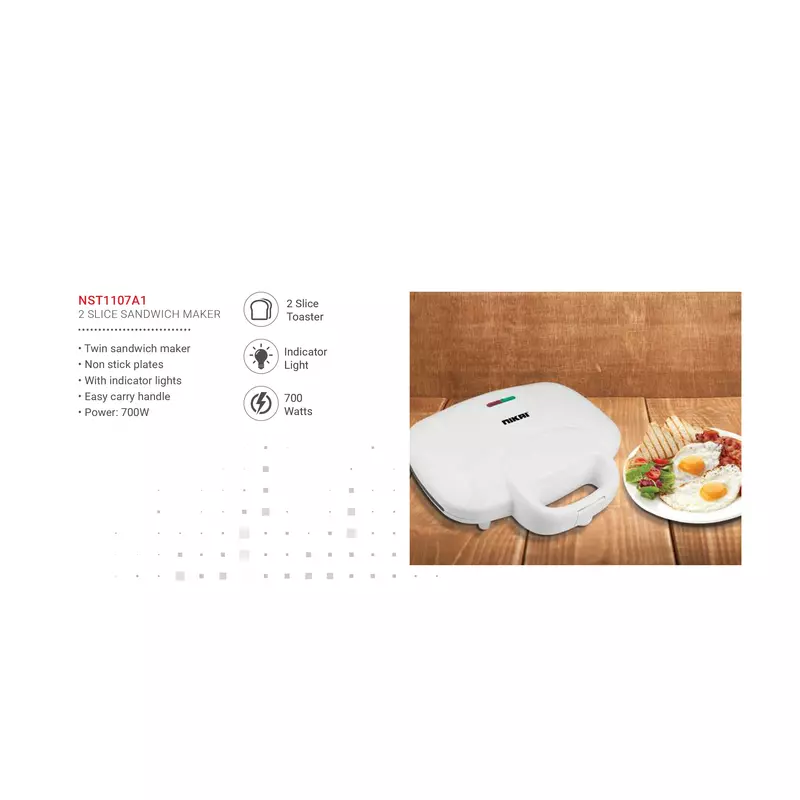 Nikai Sandwich Toaster 2 Slice Easy Carry Handle 700W Nst1107A1 Non Stick Plates Twin Sandwich Maker With Indicator Lights Easy Carry Handle 4 Nikai Sandwich Toaster 2 Slice Easy Carry Handle 700W Nst1107A1 Non Stick Plates Twin Sandwich Maker With Indicator Lights Easy Carry Handle