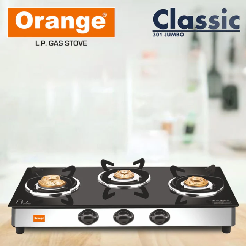 Orange Gas Stove Elegant 301 With 3 Burner, Toughened Glass Top Olpg275 3 Orange Gas Stove Elegant 301 With 3 Burner, Toughened Glass Top Olpg275