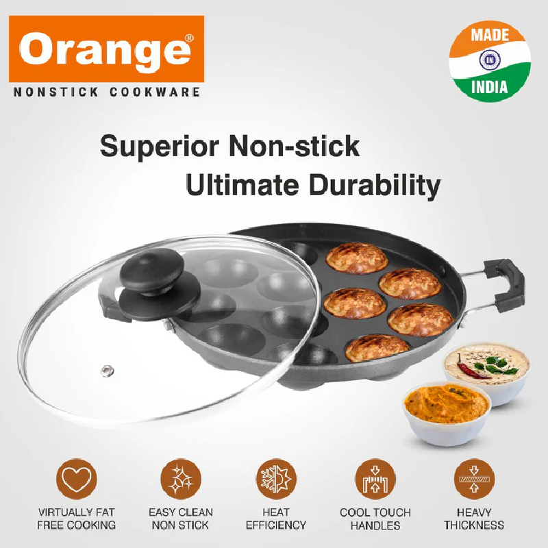 Orange Round Appam Vitumbua Kadai, Non-Stick With Glass Lid, 12 Cavity Grill Onsc076 4 Orange Round Appam Vitumbua Kadai, Non-Stick With Glass Lid, 12 Cavity Grill Onsc076