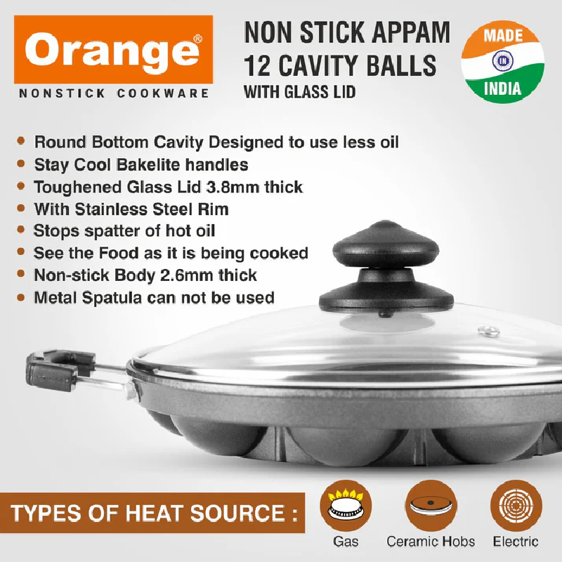 Orange Round Appam Vitumbua Kadai, Non-Stick With Glass Lid, 12 Cavity Grill Onsc076 3 Orange Round Appam Vitumbua Kadai, Non-Stick With Glass Lid, 12 Cavity Grill Onsc076