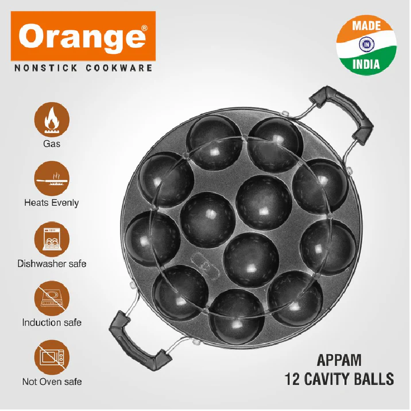 Orange Round Appam Vitumbua Kadai, Non-Stick With Glass Lid, 12 Cavity Grill Onsc076 2 Orange Round Appam Vitumbua Kadai, Non-Stick With Glass Lid, 12 Cavity Grill Onsc076