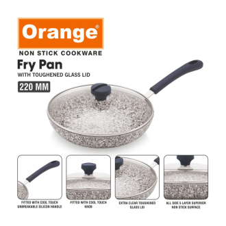 Orange Non-Stick Fry Pan Stone Finish 26cm with Glass Lid Rockstar Series ONSC536