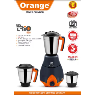 Orange Mixer Grinder 550W with 3pcs Stainless Steel Jars New TRIO