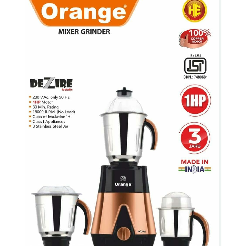 Orange Mixer Grinder 750W With 3Pcs Stainless Steel Jars Dezire 3 2 Orange Mixer Grinder 750W With 3Pcs Stainless Steel Jars Dezire 3