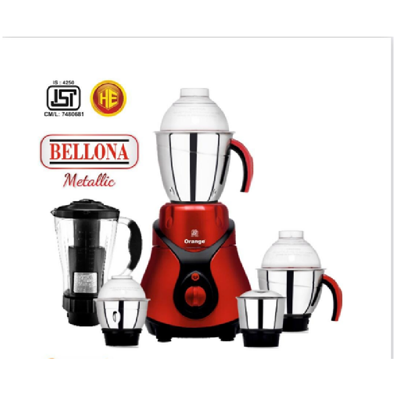 Orange Mixer Grinder 750W With 3Pcs Stainless Steel Jars, 1 Polycarbonate Juice Jar Bellona 2 Orange Mixer Grinder 750W With 3Pcs Stainless Steel Jars, 1 Polycarbonate Juice Jar Bellona